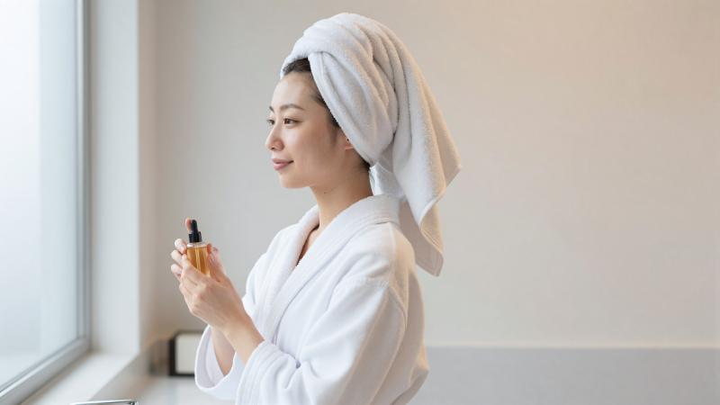 窓辺で佇むバスローブの女性