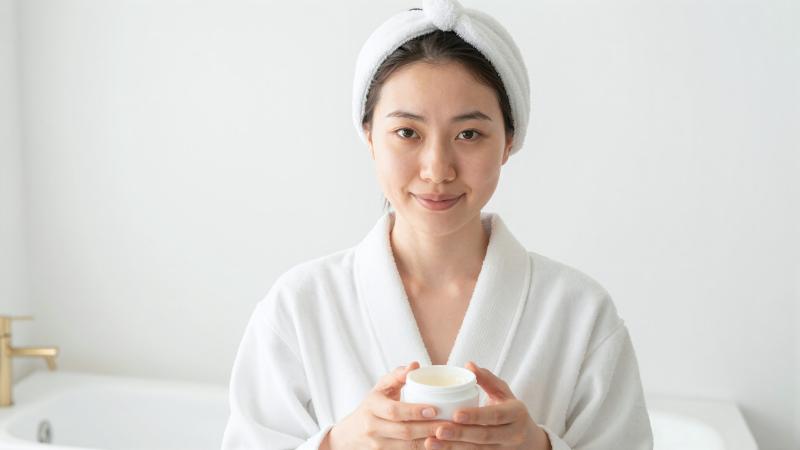 自然派フェイスマスクを持つ女性