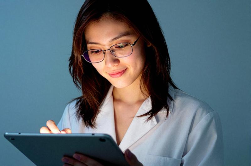 タブレットで記録する女医