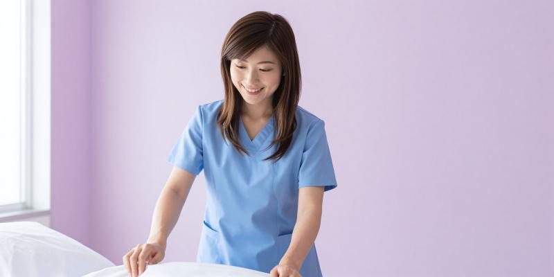 病室でベッドを整える看護師