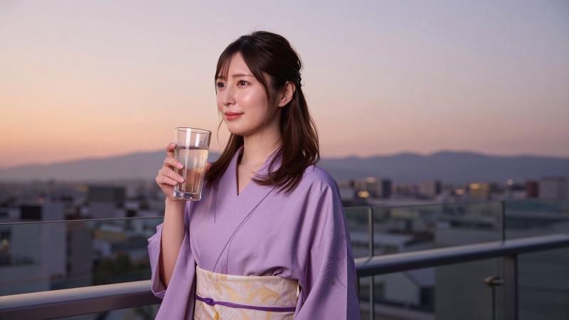 屋上テラスで夕暮れの街を眺める女性