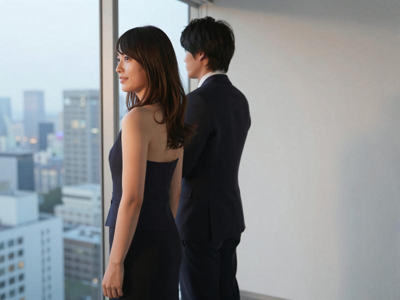 窓から街を眺めるビジネスマンの後ろ姿