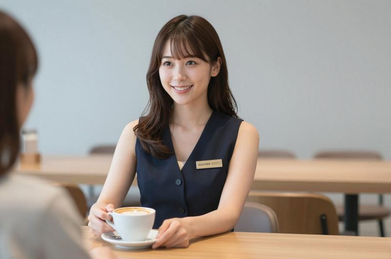 カフェで接客する女性店員