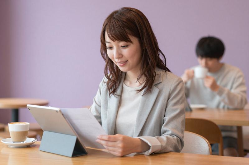 カフェでタブレット作業する男性