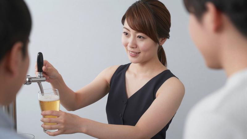 バーでビールを注ぎながら談笑する男性