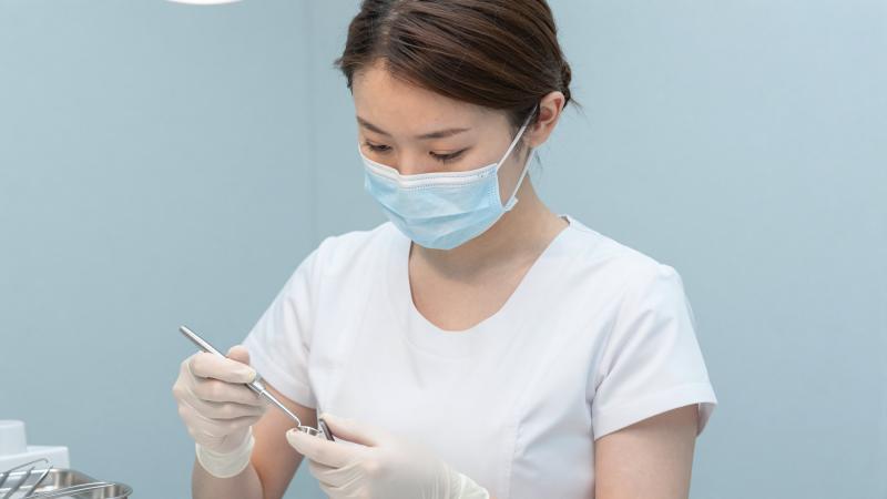 器具を滅菌する歯科助手