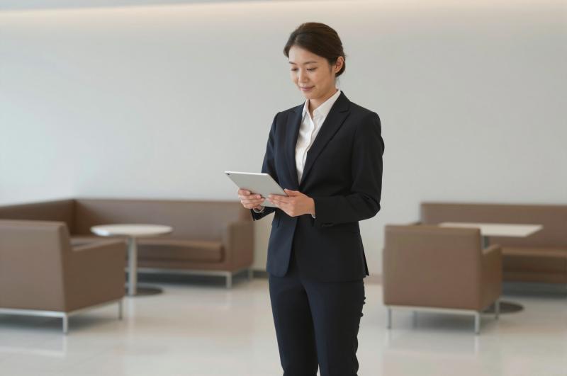 空港で搭乗情報を確認する経営者