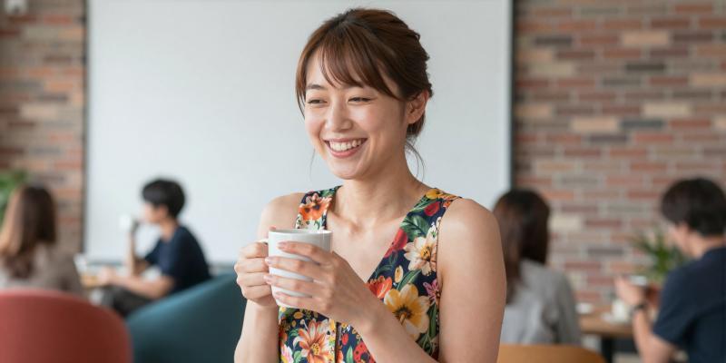 オフィスで笑顔で談笑する女性