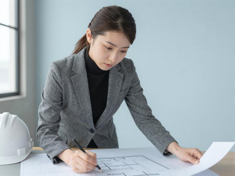 設計図を読み込む女性建築家
