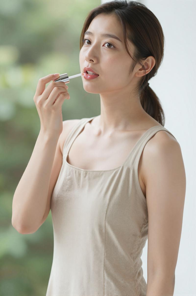 庭でリップグロスを塗る女性