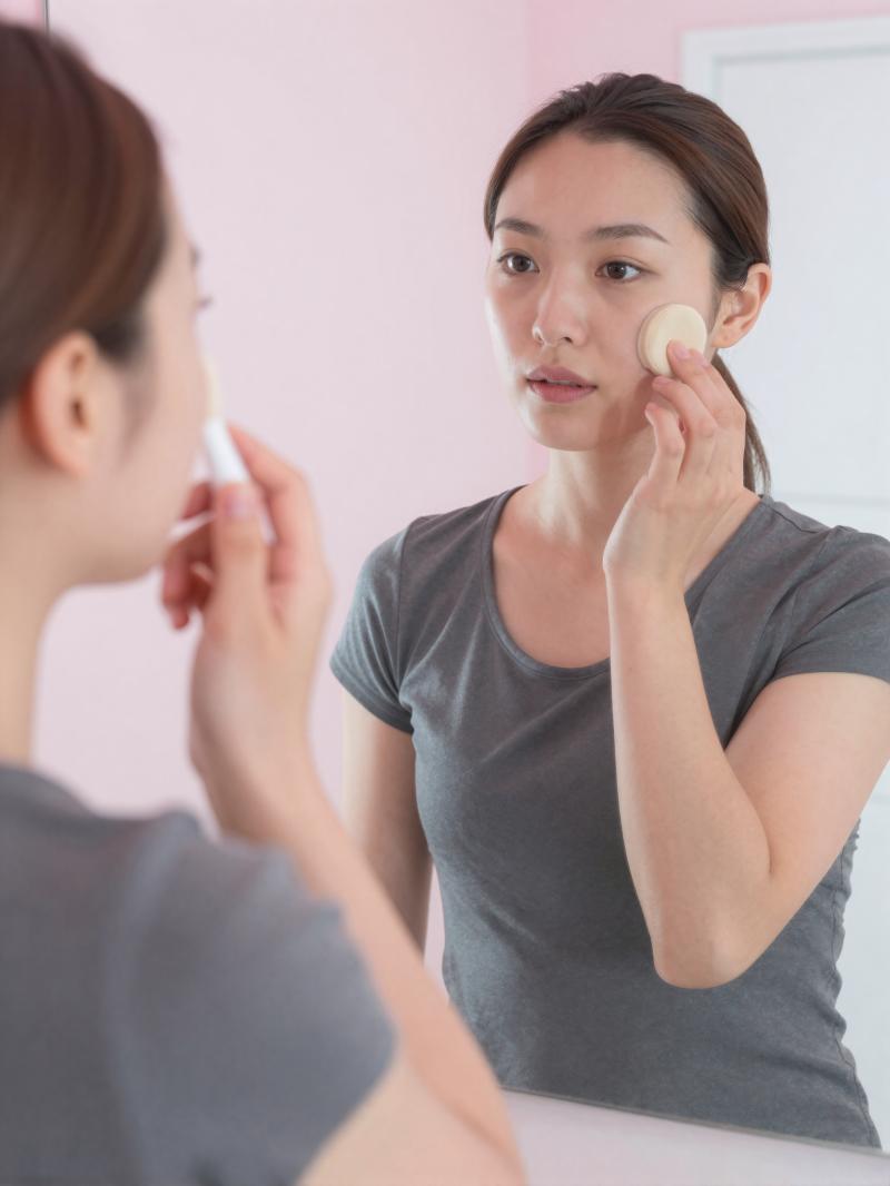 鏡越しに洗顔ブラシで角質ケアをする女性