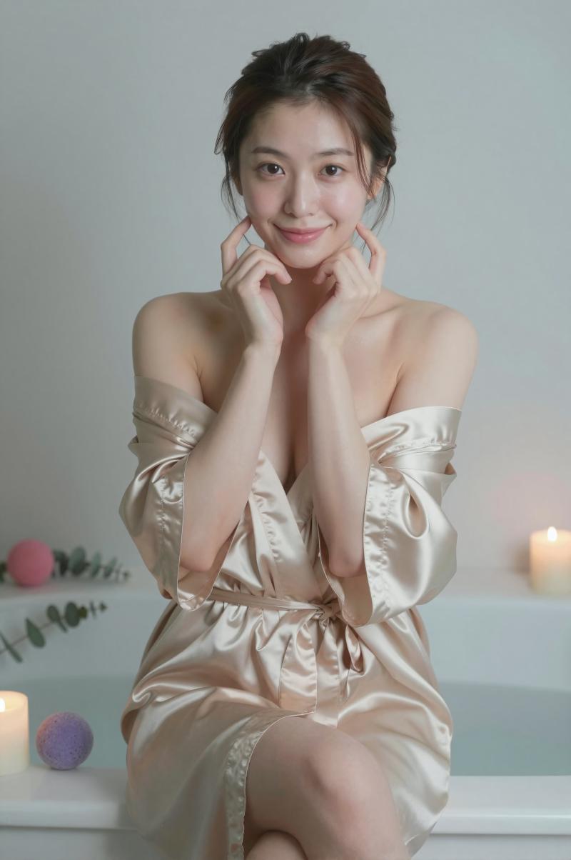 バスタイムで輝く肌を見せる女性