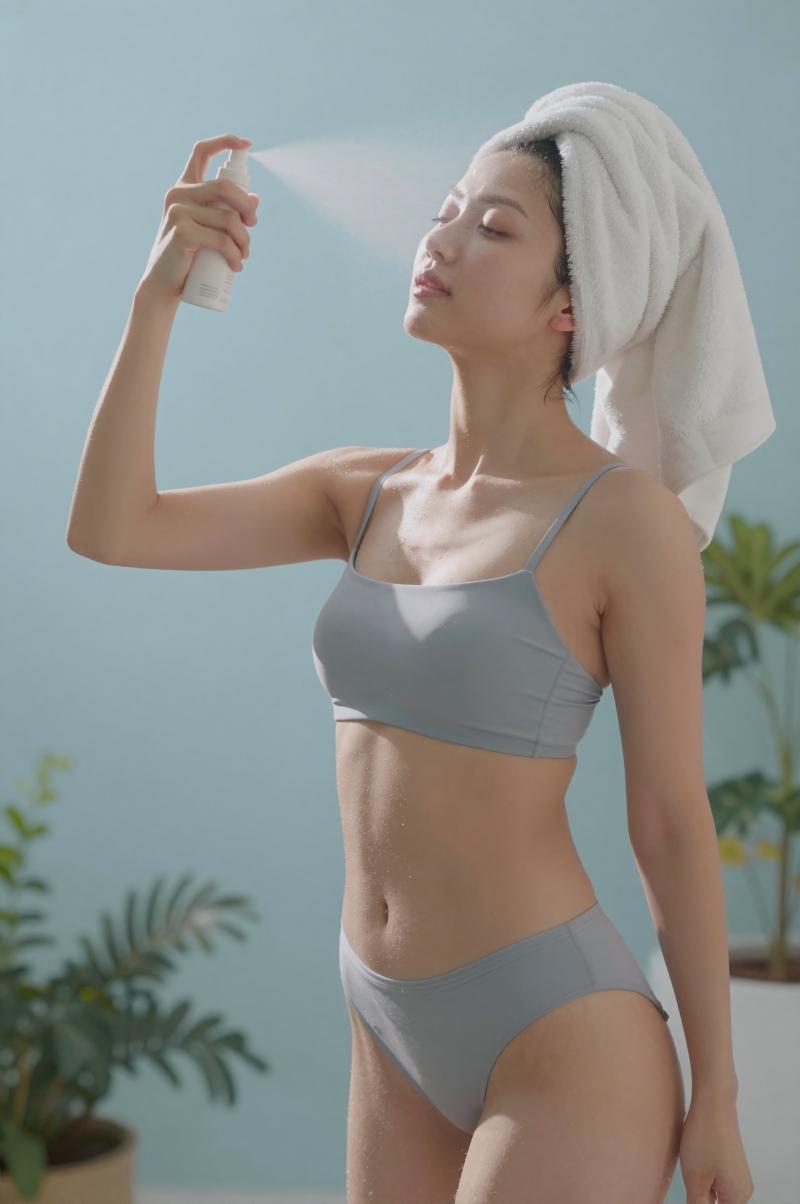 テラスでミストを浴びる女性