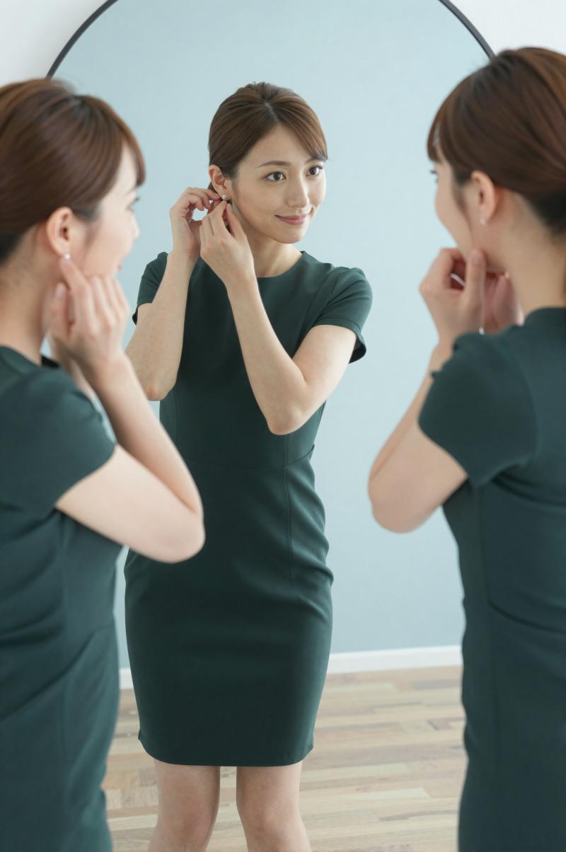 鏡でイヤリングを調整する女性