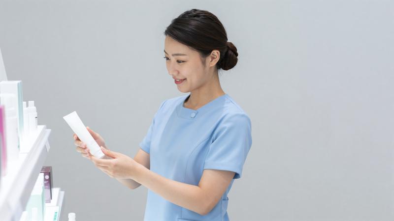 美容部員が新製品サンプルを手渡す