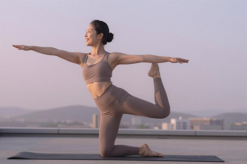 朝焼けの屋上でヨガのバランスポーズをとる女性