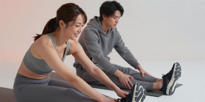 ジムのマットで脚をストレッチする男性