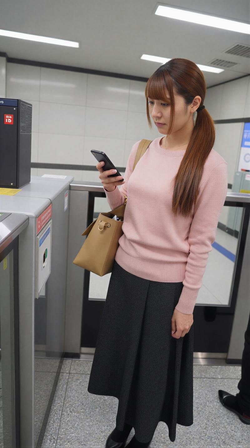 ピンクのセーター姿でバーに佇む女性