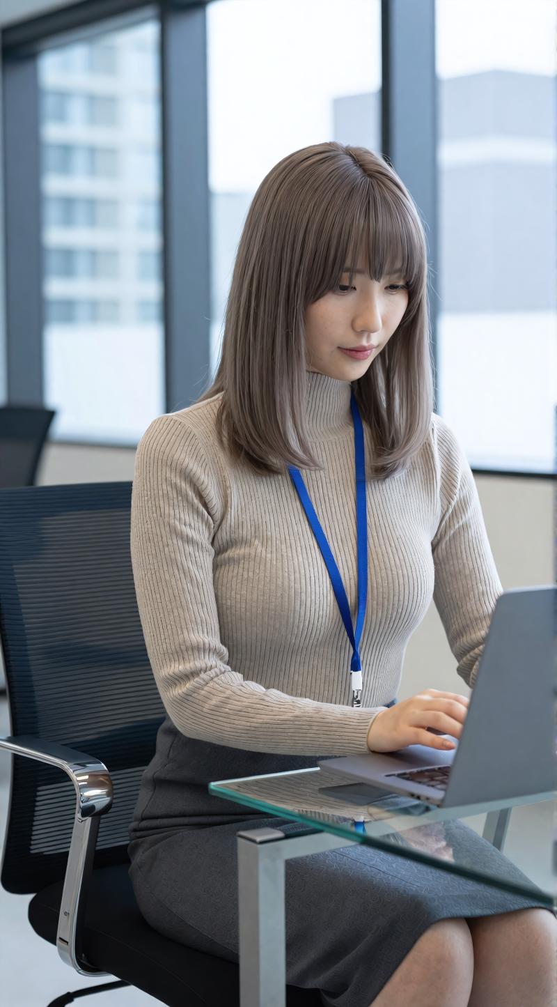 オフィスでのセーター姿の女性