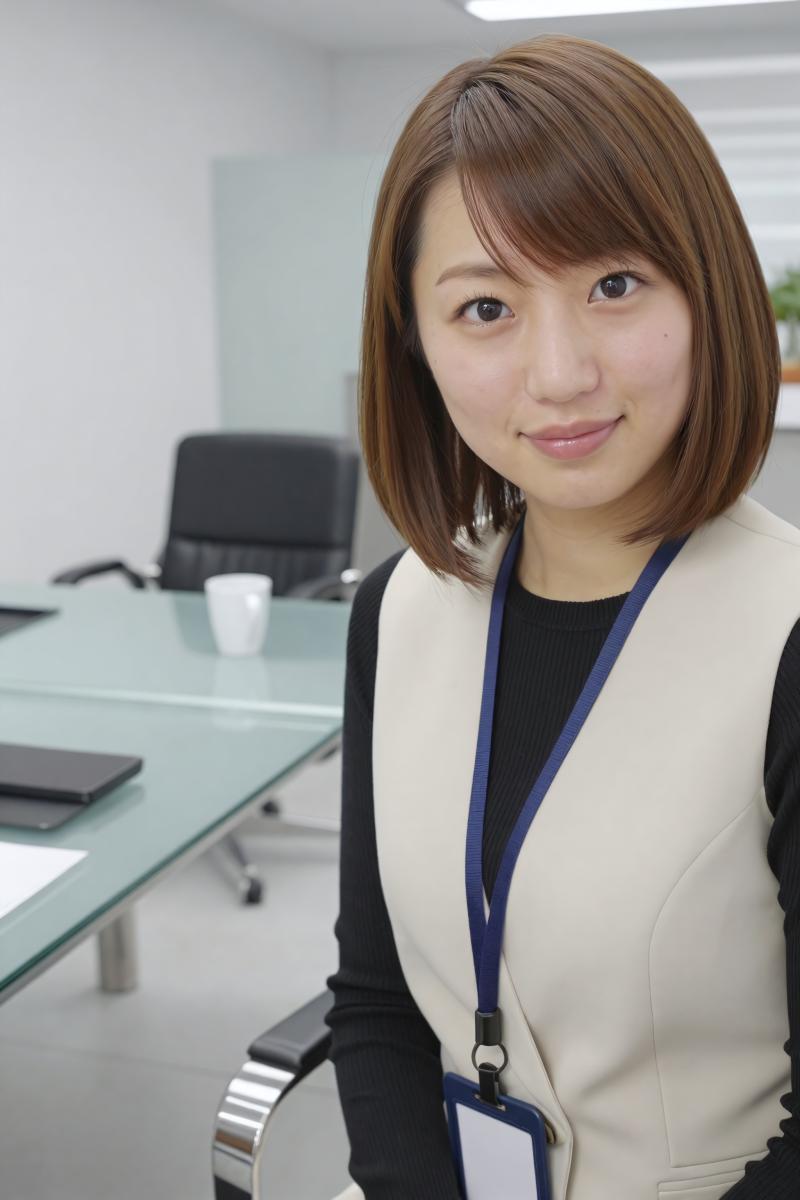 オフィスで黒のベストを着た美女