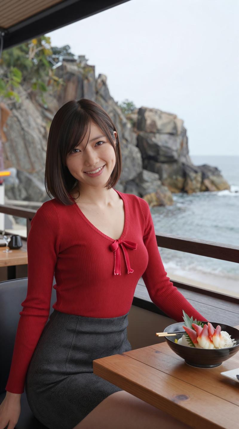 赤セーターを着こなす美女