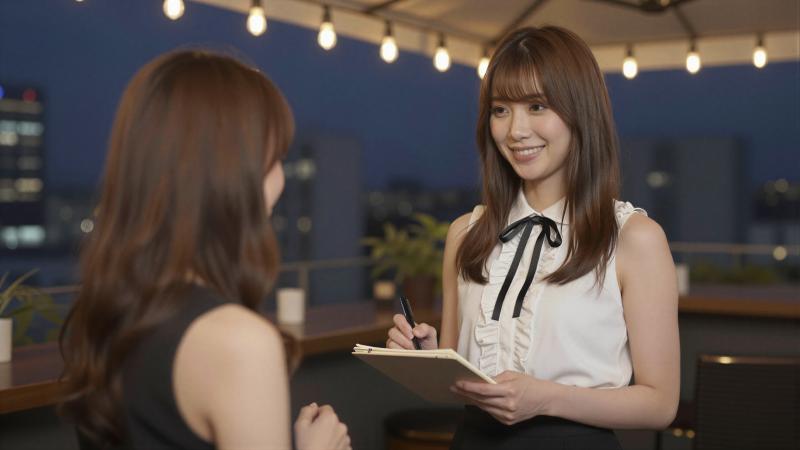 屋上バーの丁寧な接客