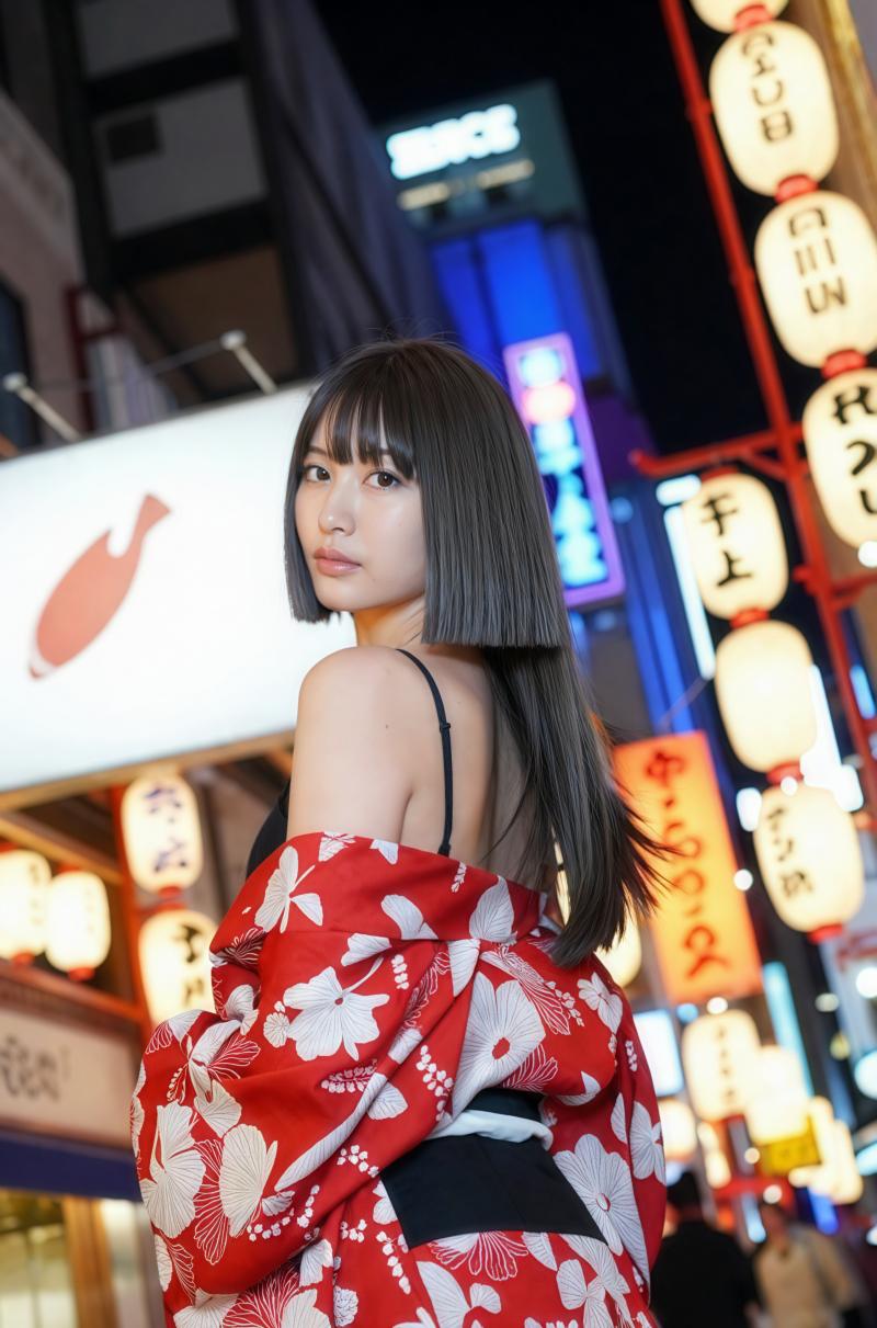 夜の街で見返る艶やか浴衣美人