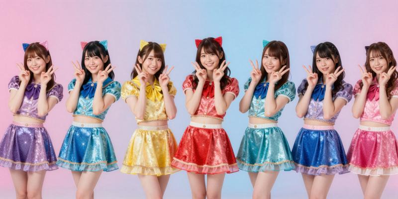 アイドルグループの7人組少女たちのカラフルな衣装を着たポートレート