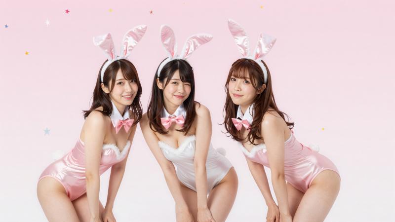 ピンクのウサギ耳帽子を被った3人の女性ポートレート