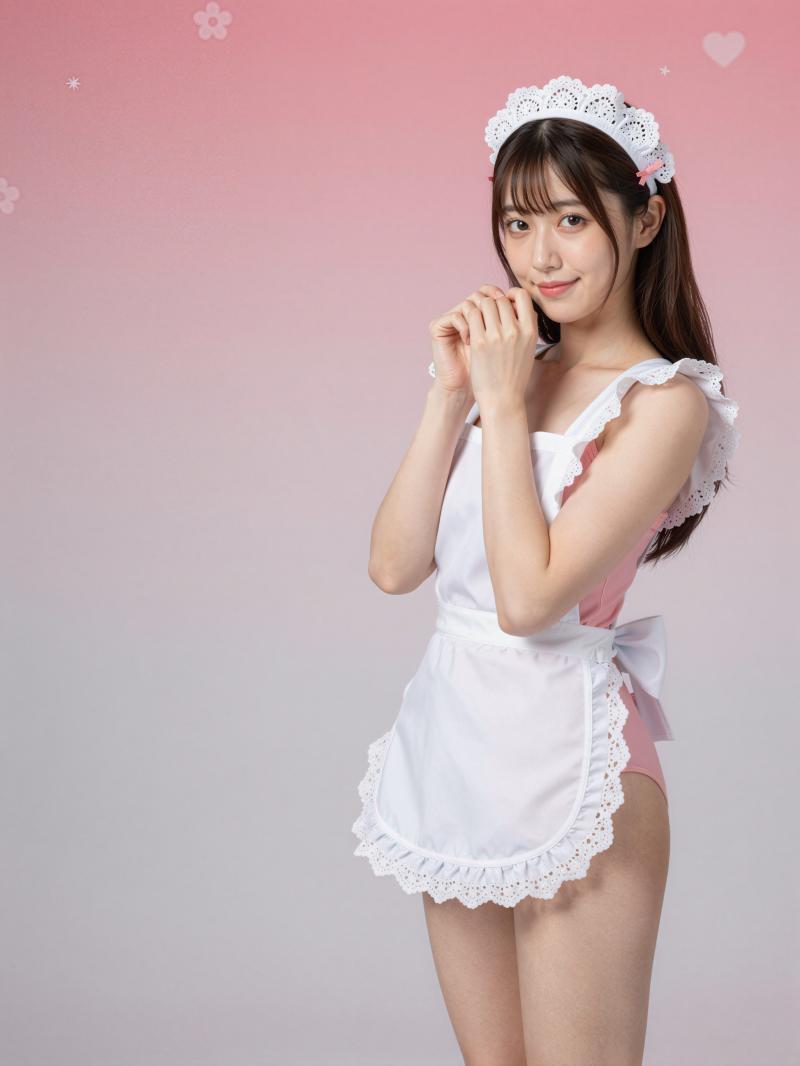 ピンクの背景で微笑むメイド服の美女のポートレート