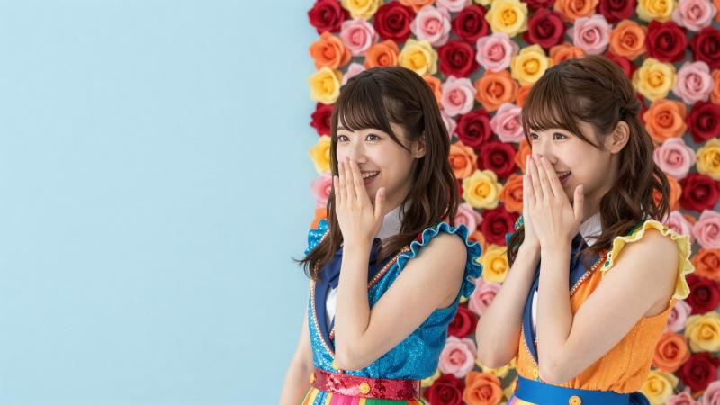 花の壁の前で笑顔の少女たち