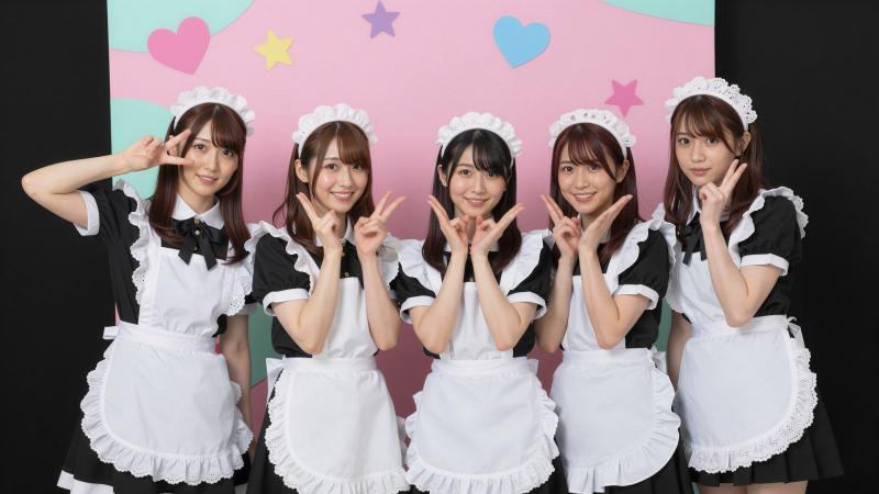 ガールズバーのメイド服を着た5人の少女のグループポートレート