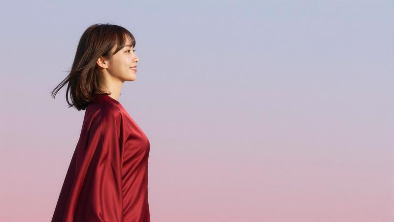 夕暮れ時の赤いドレスを着た女性の美しいポートレート