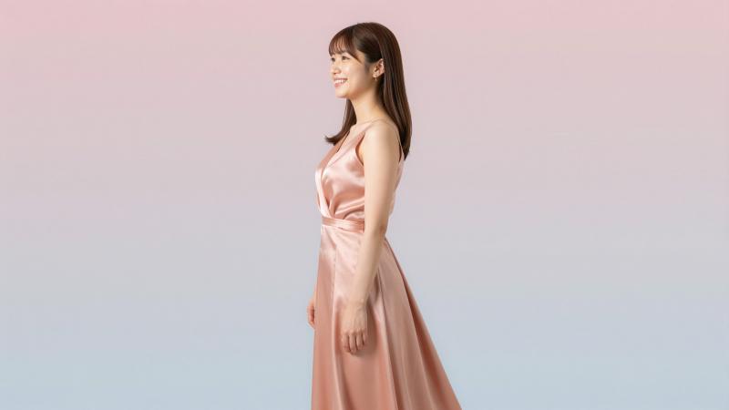 ピンクのドレスを着た若き女性の横顔ポートレート