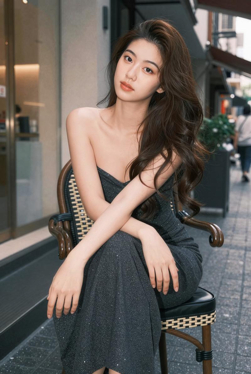 街角カフェでポーズをとる美女のポートレート