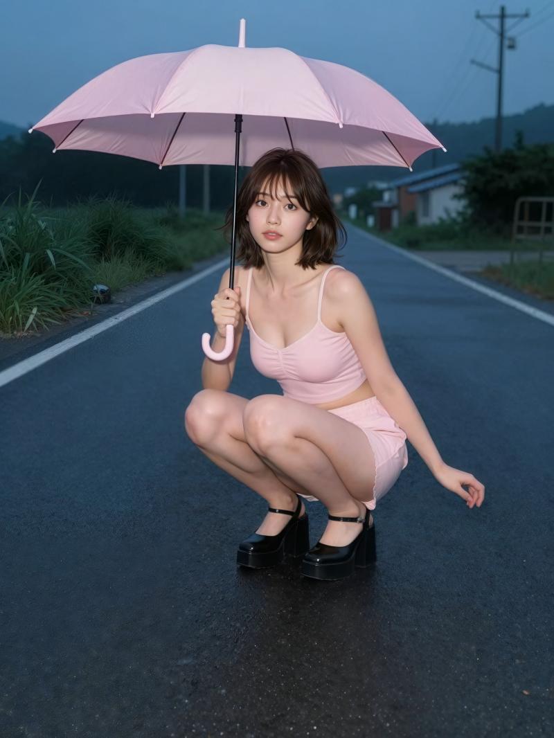 雨の夕暮れ時、ピンクの傘を手にした若き女性のポートレート
