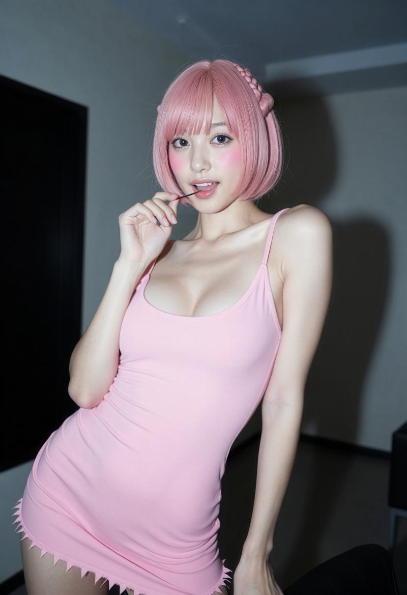 ピンクのショートヘアをまとった美女のポートレート