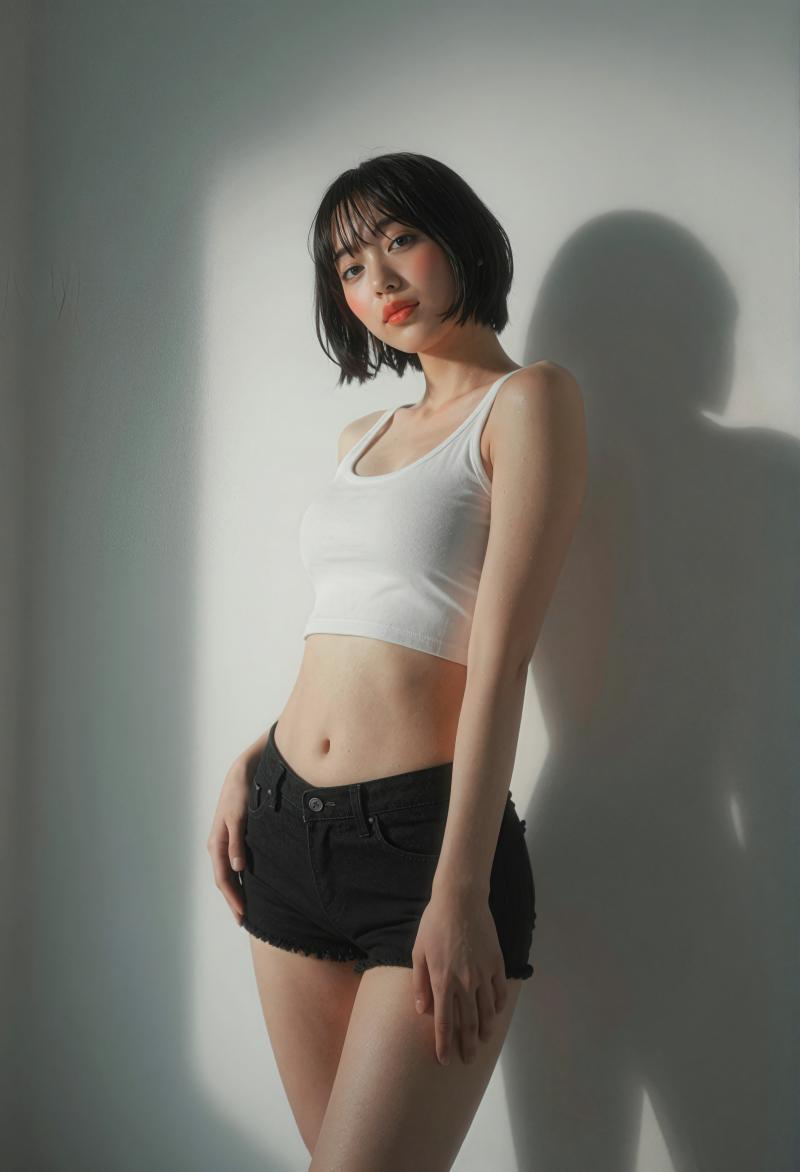 白Tシャツと黒ショートパンツの若き女性の室内ポートレート