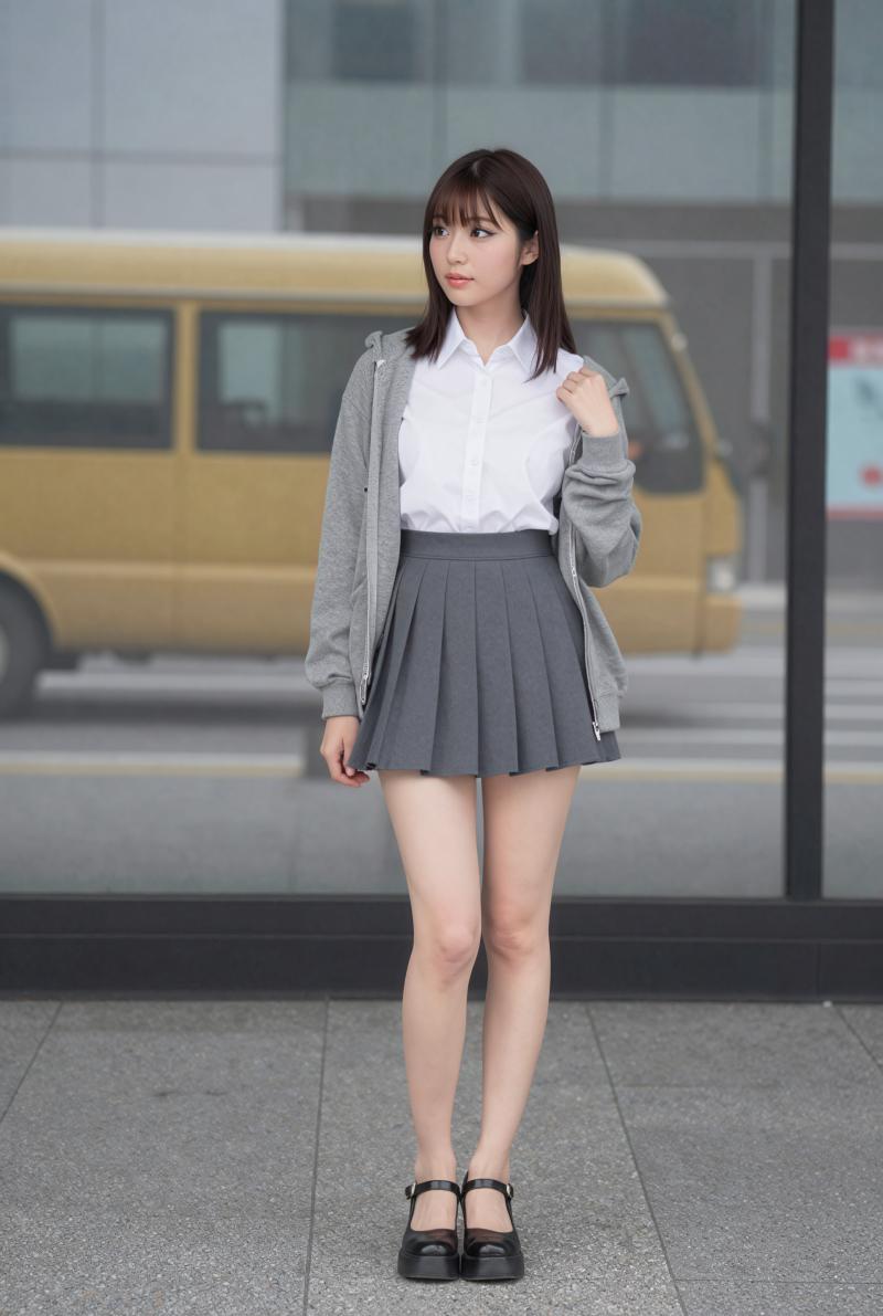 制服姿の若き女性の街角ポートレート