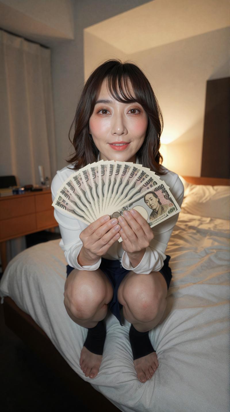 金銭を手に持つ美女の室内ポートレート