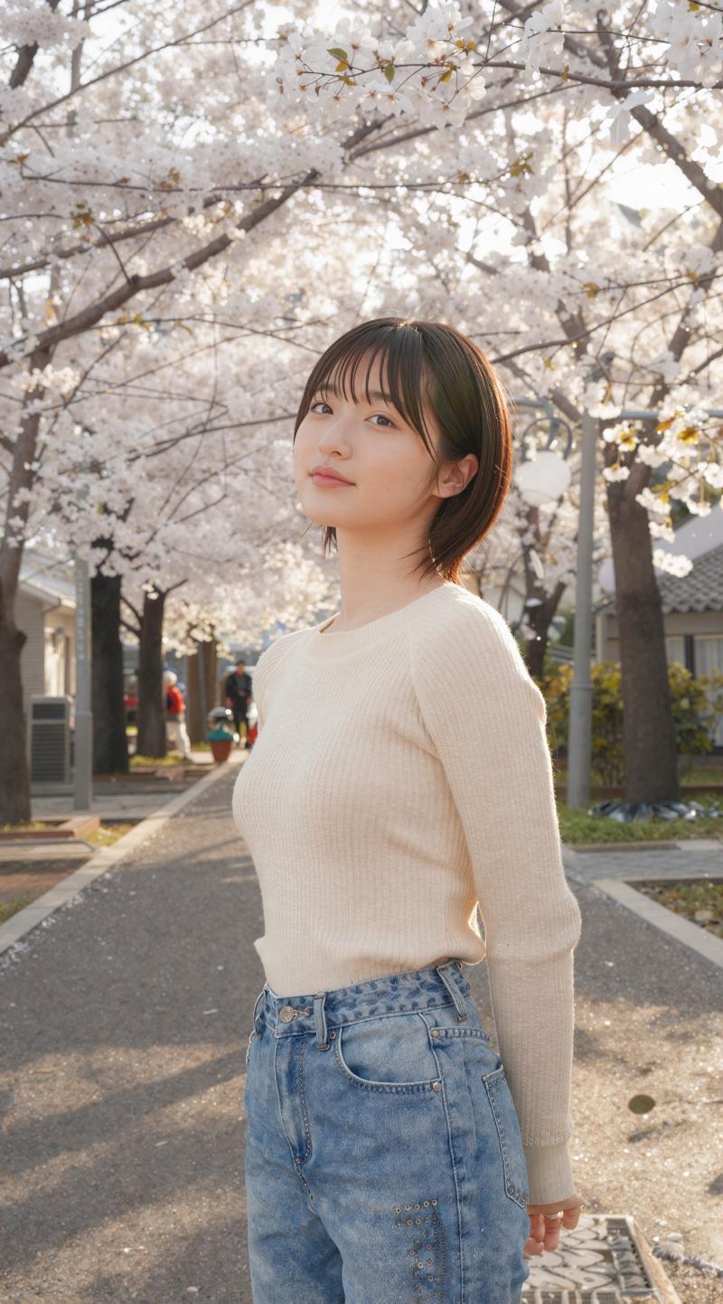 桜並木を背景にした若者のポートレート