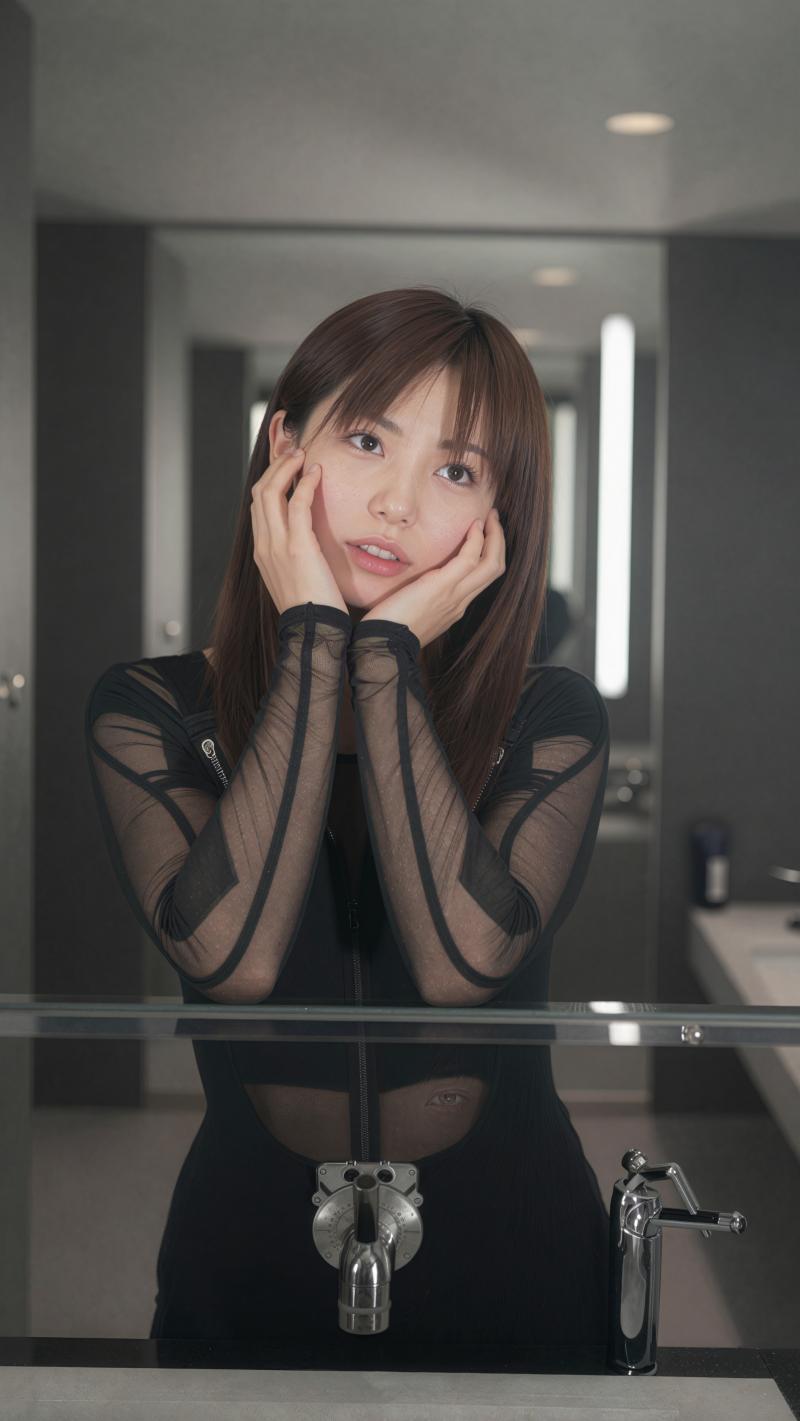 鏡の前でポーズをとる若き女性のポートレート