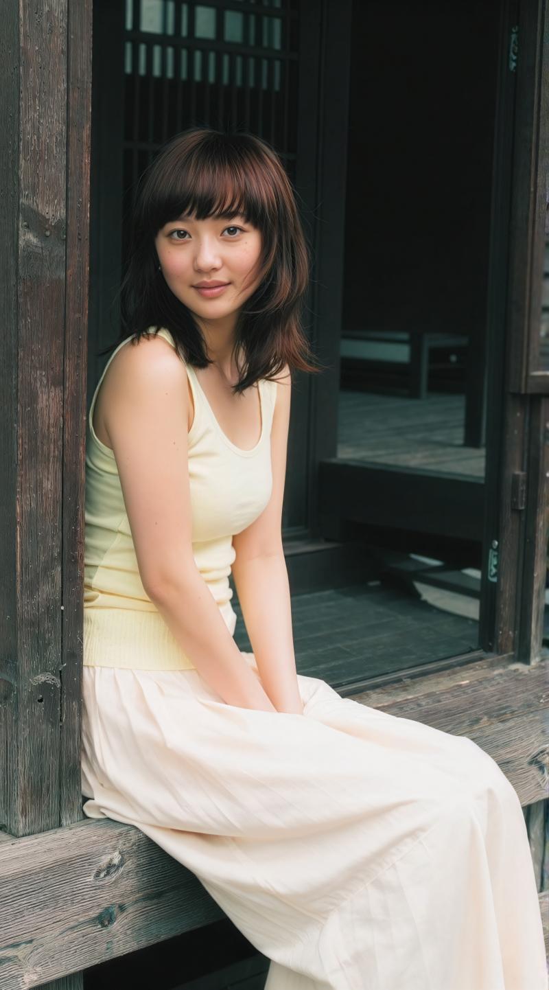 和風建築の木造デッキに座る若き女性の優雅なポートレート