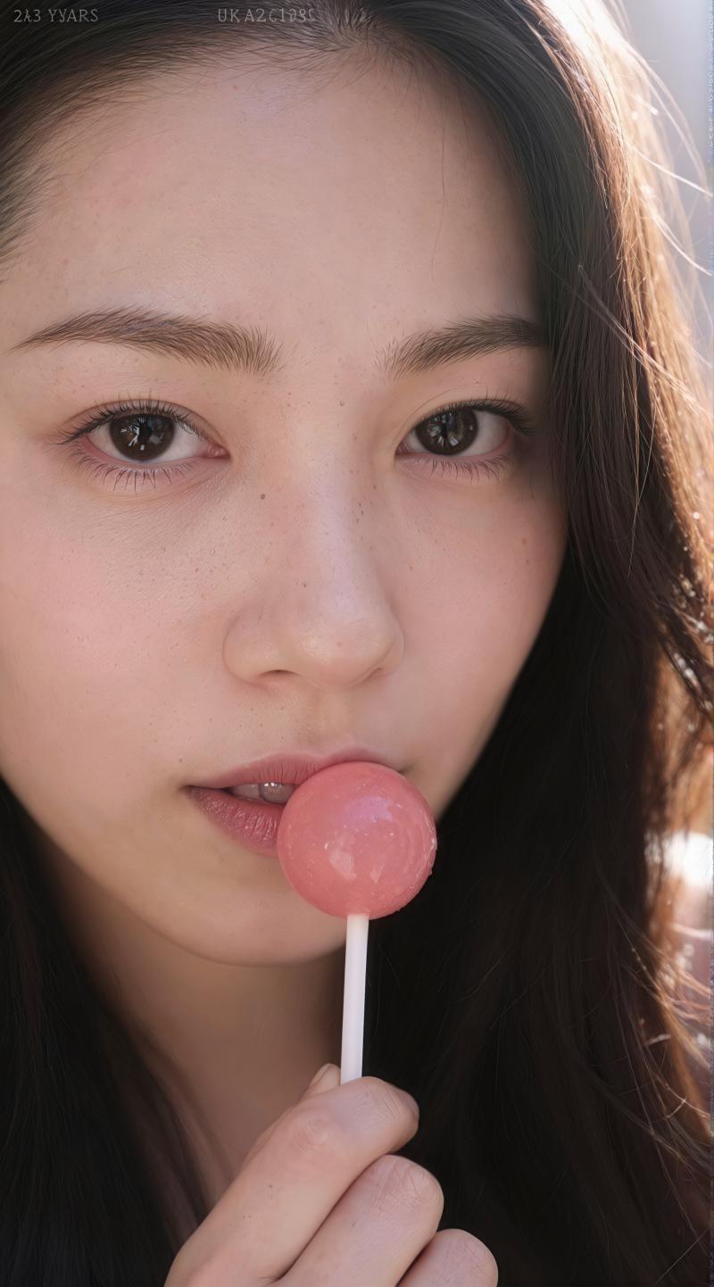 ピンクのキャンディを口にくわえた若き女性のポートレート