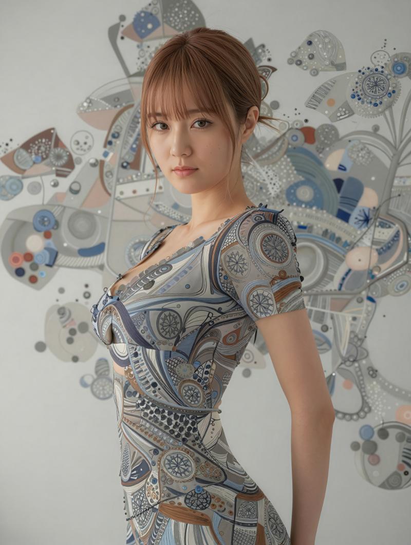 芸術的な背景に立つスタイリッシュな女性のポートレート