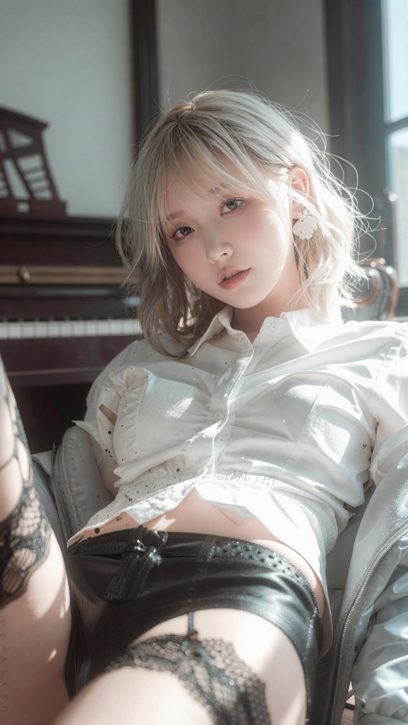 ピアノ前の白髪美女のポートレート