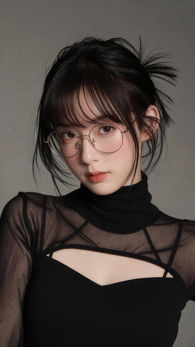 黒い透け感のあるトップスを着た眼鏡の美女のポートレート