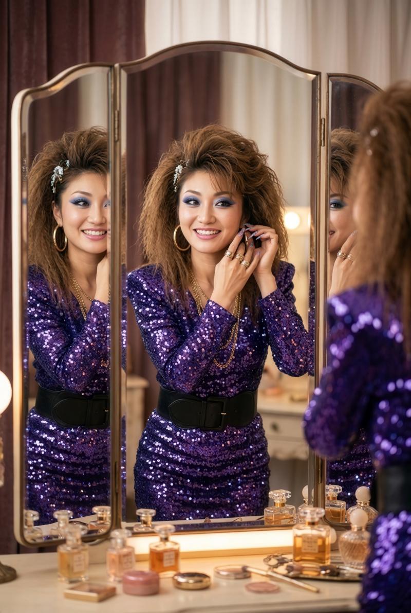 キャバクラの美女が鏡を照らし、紫色のドレスで自信満々なポートレート