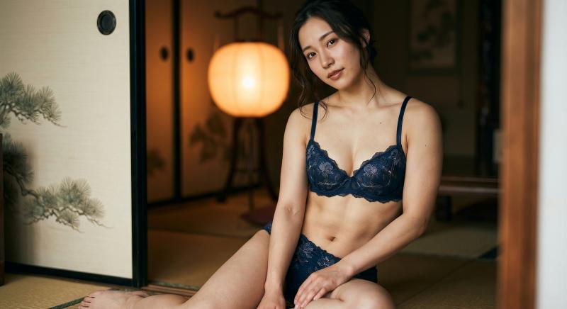 和室で着下着を披露する美女のポートレート