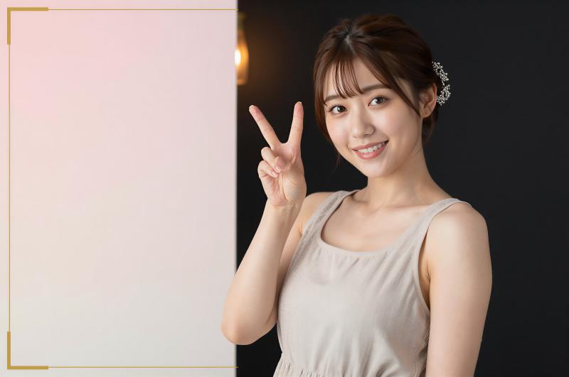 笑顔でピースサインをする若い女性のポートレート